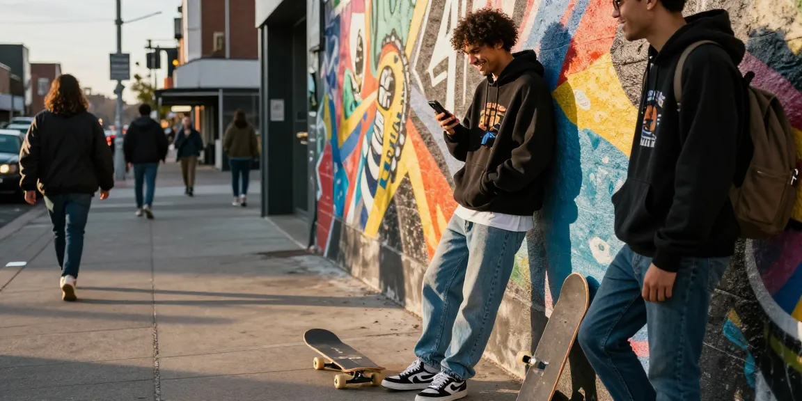 Stylish individual wearing essential hoodies in urban street setting, showcasing relaxed street style.