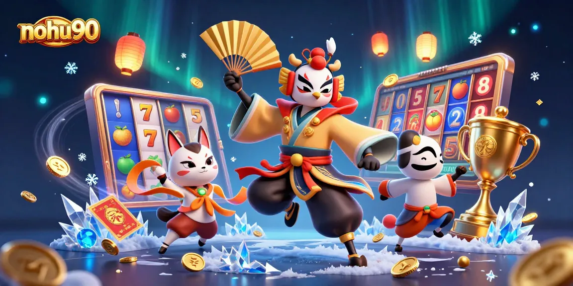 Nohu90 showcases a dynamic 3D cartoon scene featuring kabuki warrior elements combined with vibrant slot games.