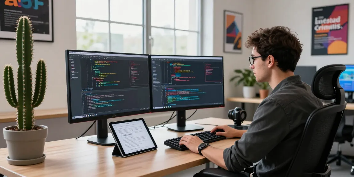Developer coding at modern workspace featuring raja 328 tech tools and bright daylight.