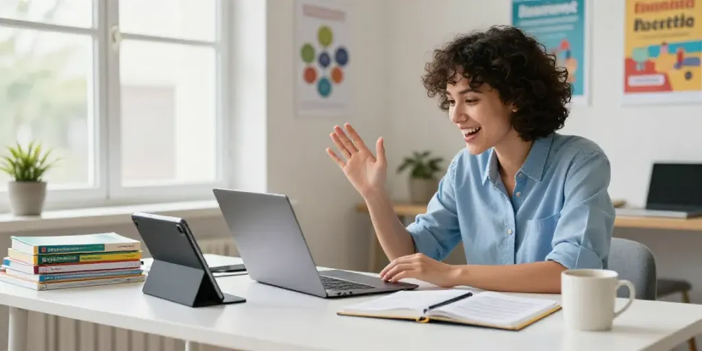 Situs toto online learning environment with an instructor teaching English, vibrant educational materials, and a bright atmosphere