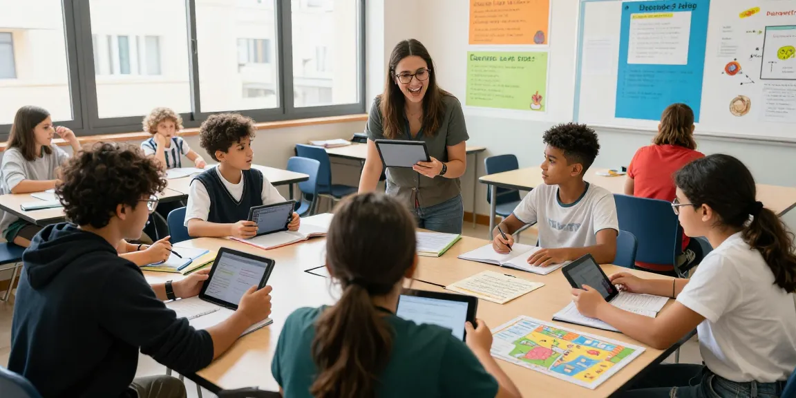 Estudiantes participando en cursos de inglés interactivos en Malta, colaborando en un aula vibrante.