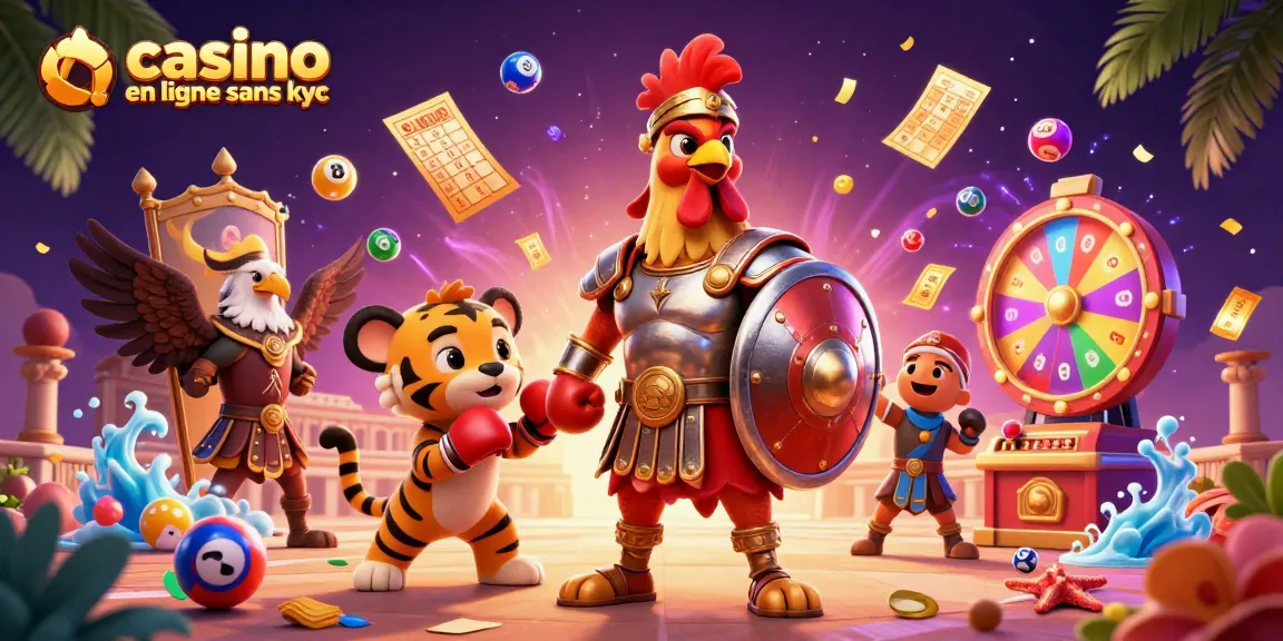 Une scène dynamique de casino en ligne sans kyc avec un coq gladiateur et des boules de loto colorées.