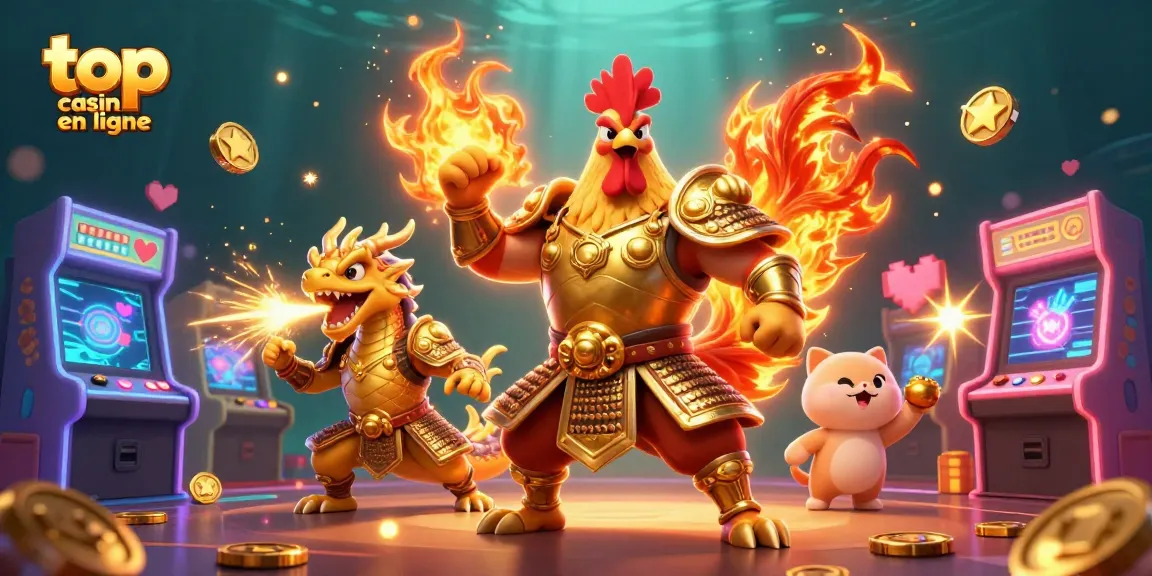 Découvrez le top casino en ligne avec un guerrier coq et un dragon sous une ambiance dynamique.