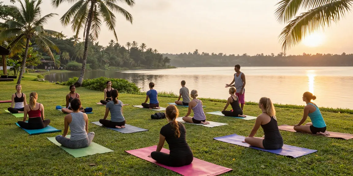 Hatha yoga teacher training Sri Lanka at sunrise with students practicing by Koggala Lake, vibrant yoga mats and serene atmosphere.