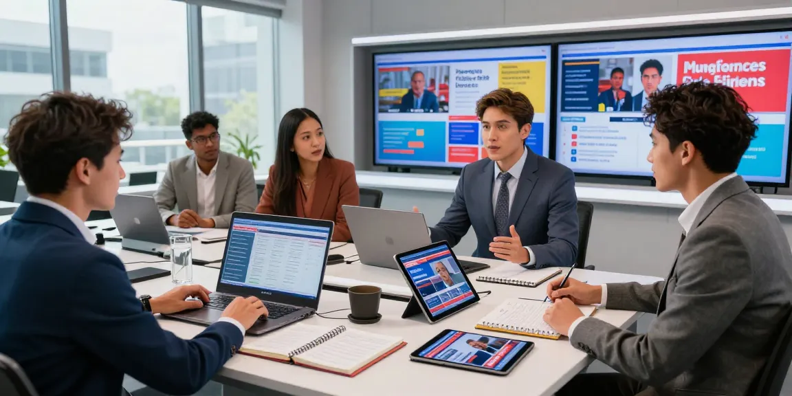 Journalists showcasing the latest news updates on https://www.theindaily.com in a vibrant news studio.