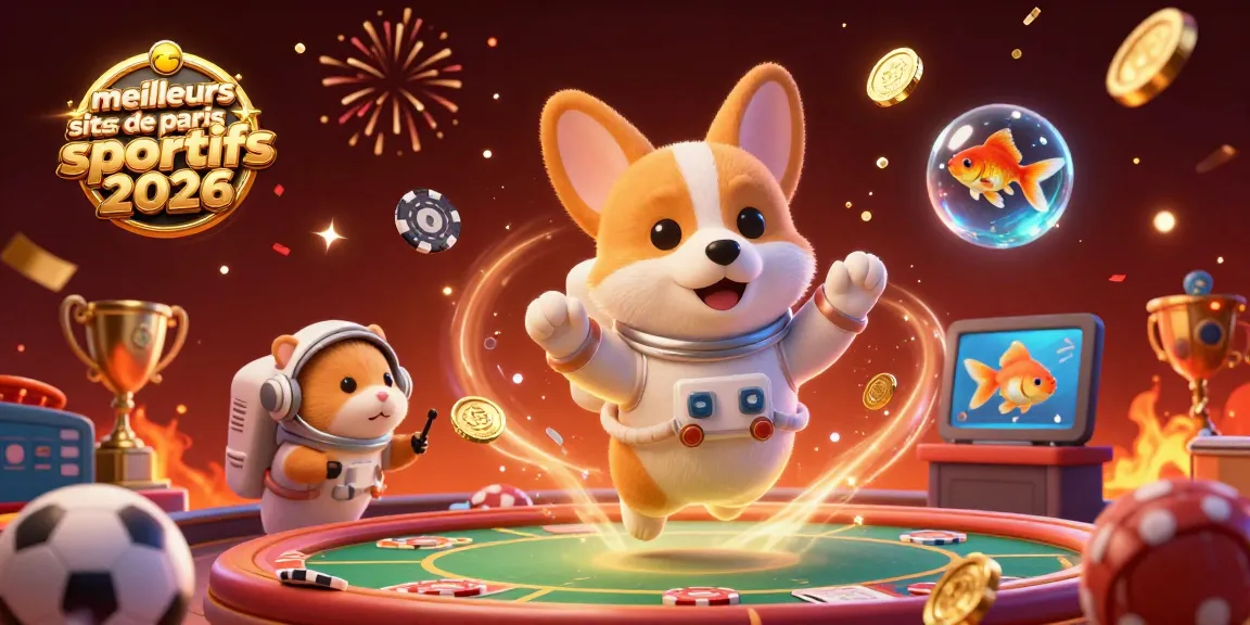 Une illustration dynamique présentant les meilleurs sites de paris sportifs 2026 avec un corgi astronaute et des éléments de jeux.