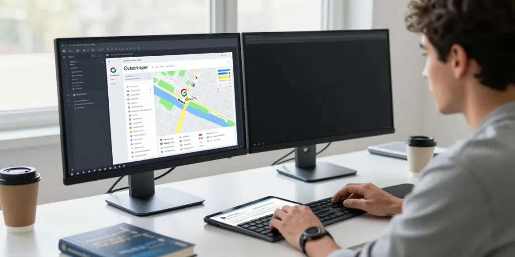 Developer using the Outscraper Google Maps Scraper tool in a modern office setting.