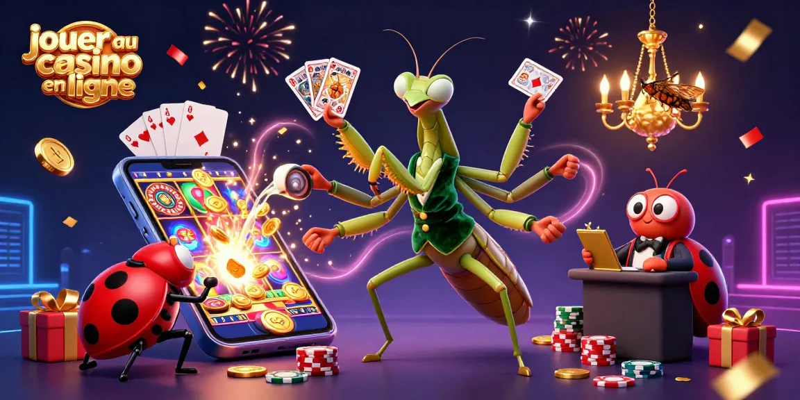 Jouer au casino en ligne avec un mante religieuse et des éléments de casino dynamiques en arrière-plan.