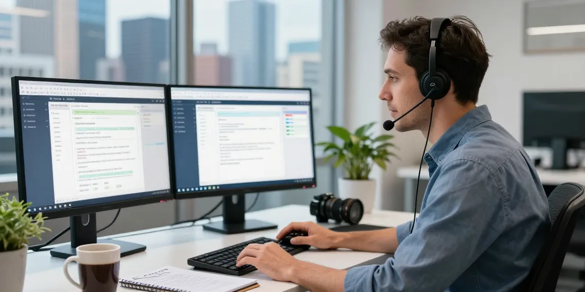 Focused technician providing Telus-Technical-Support over a call in a modern office.