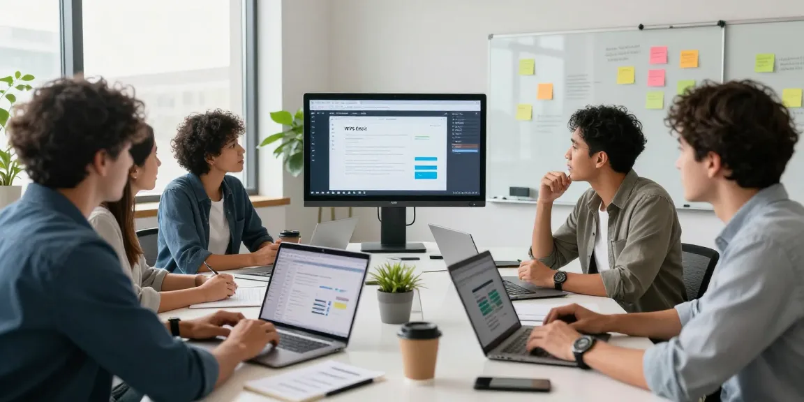 A collaborative office scene showcasing professionals using WPS Office for seamless document editing, emphasizing the benefits of wps下载.