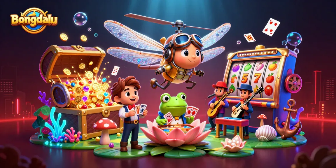 Bongdalu brings excitement with a lively 3D scene of casino action, featuring a dragonfly pilot and frog croupier.