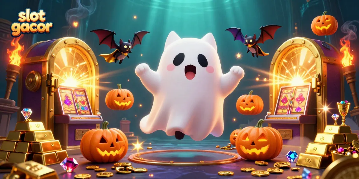Slot gacor menarik keberuntungan dengan karakter kucing hantu dan bat berbaju jubah emas, dikelilingi harta karun.
