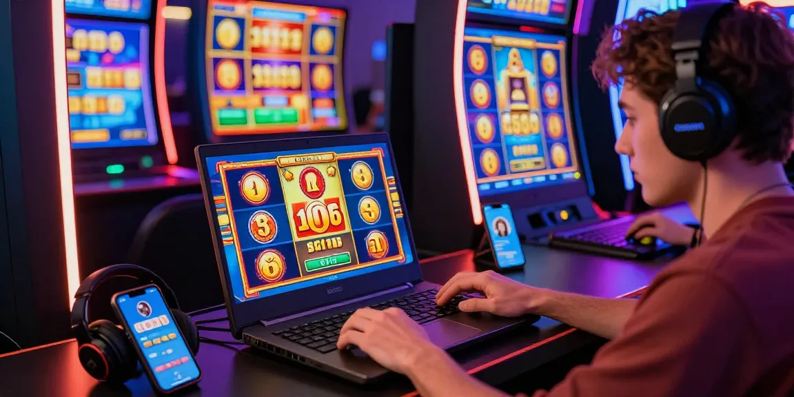 Player enjoying slot gacor games on a sleek laptop with vibrant graphics and exciting atmosphere.
