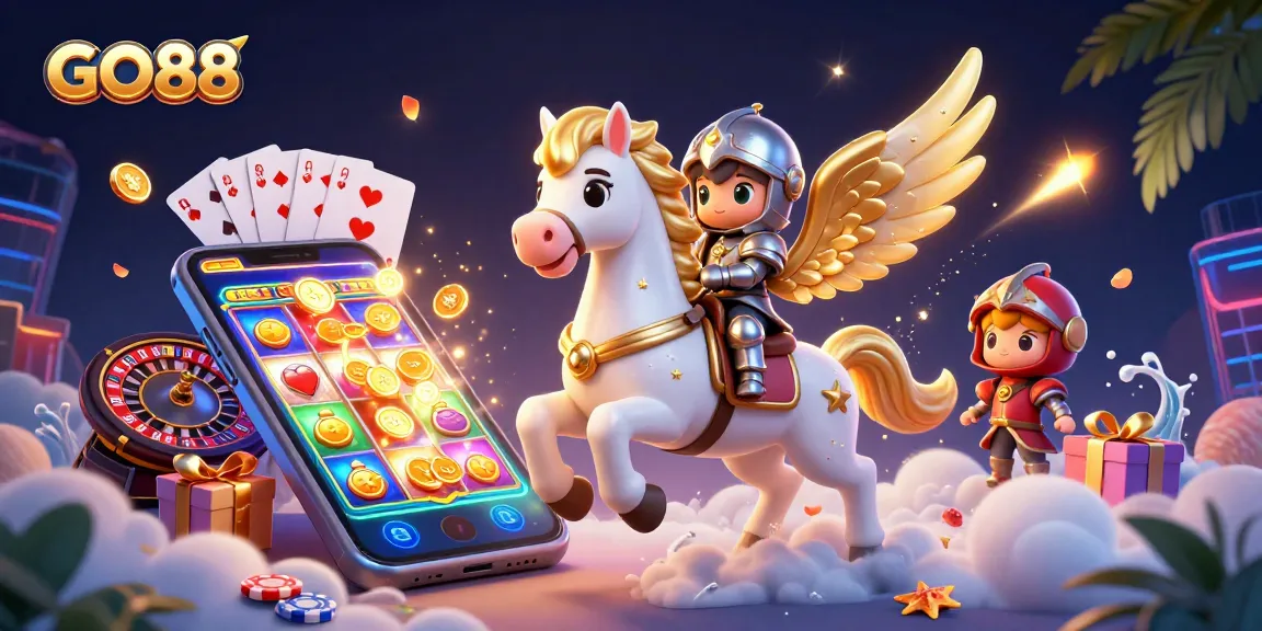 Experience GO88's thrilling gaming world with an enchanting knight and a celestial horse amid vibrant slot games.