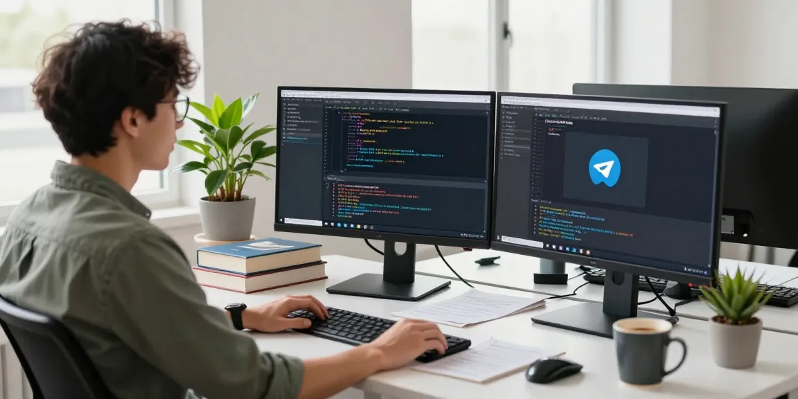 Developer using 纸飞机中文版 on dual monitors in a modern workspace