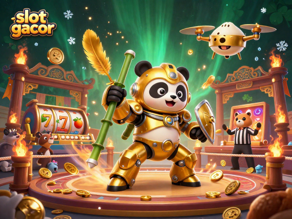 Slot gacor dalam ilustrasi 3D menggambarkan panda emas dalam robot tempur, menampilkan keseruan perjudian.