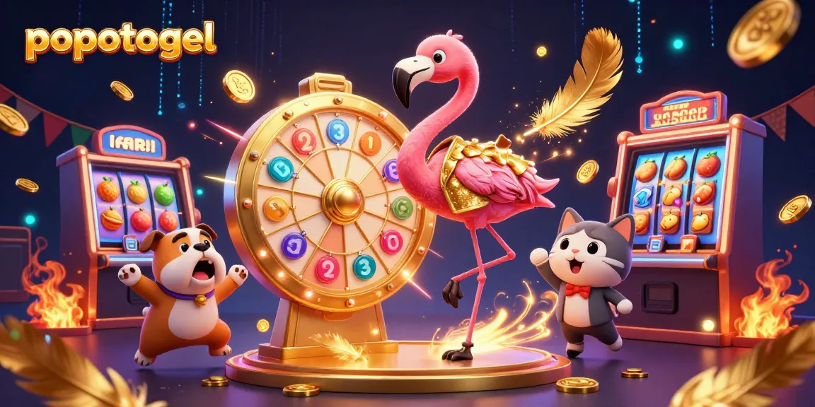 Experience the thrill of popotogel with a vibrant scene of animated characters, spinning wheel, and exciting casino motifs.
