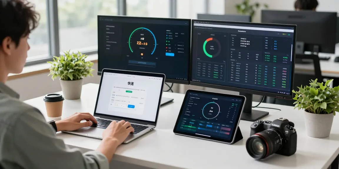 快连 user enjoying fast network acceleration in a bright tech workspace with multiple devices.