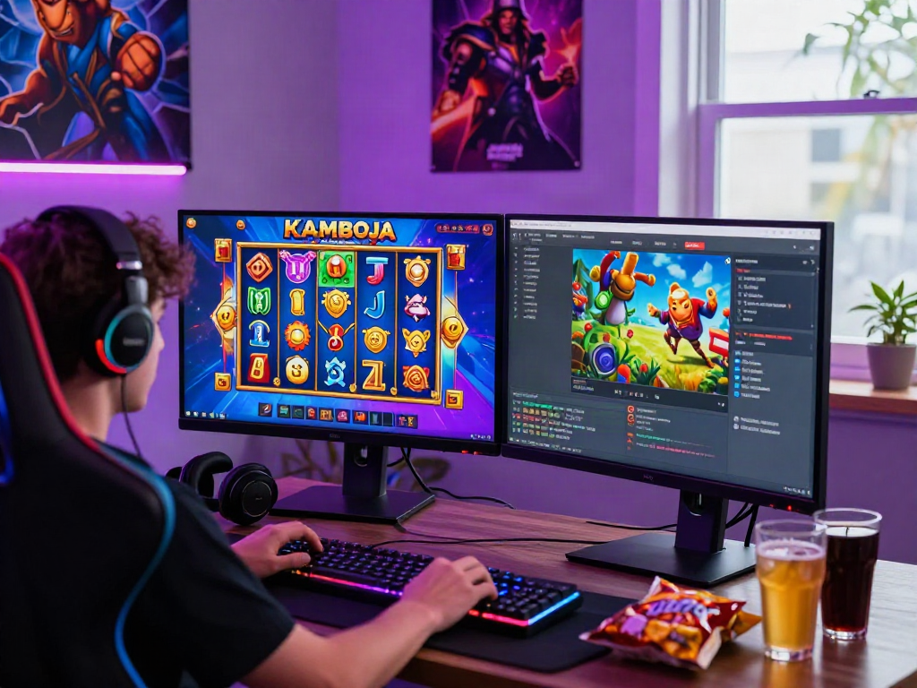 Engaging gaming scene with slot kamboja on screen and vibrant gaming setup.