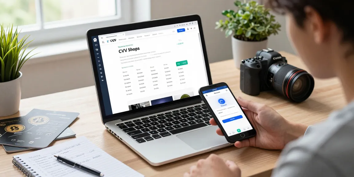 Exploring a trusted CVV shop on a laptop while handling Bitcoin payments for secure transactions.