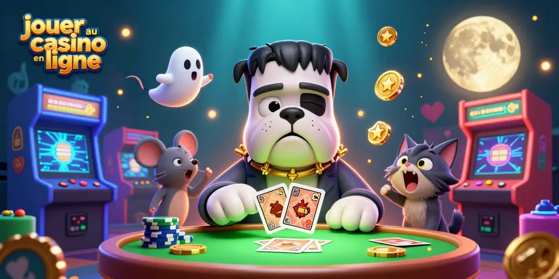 Jouer au casino en ligne avec un bulldog Frankenstein et un chat loup au casino avec des éléments de jeu animés.