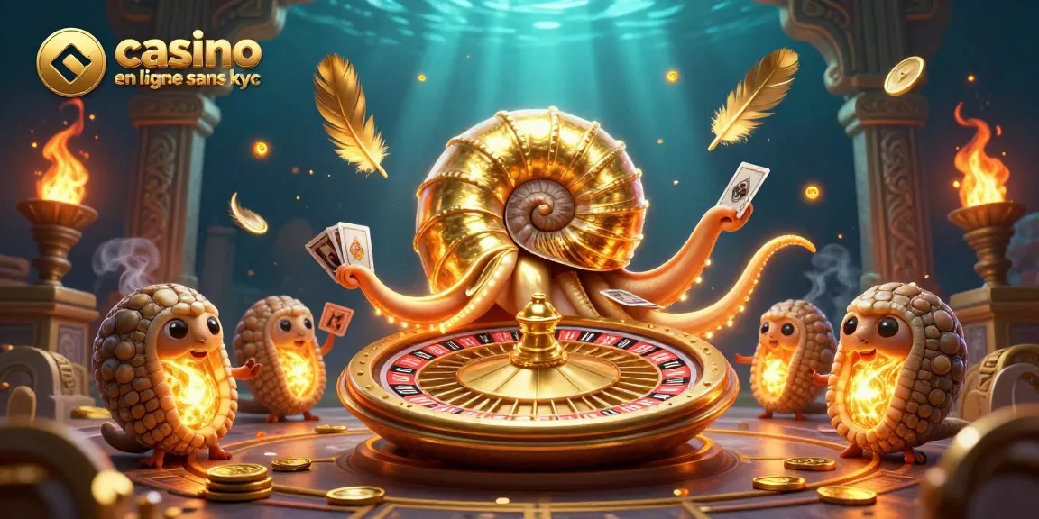 Visualisez l'excitation des jeux de casino en ligne sans KYC avec cette illustration dynamique de nautile et cartes.