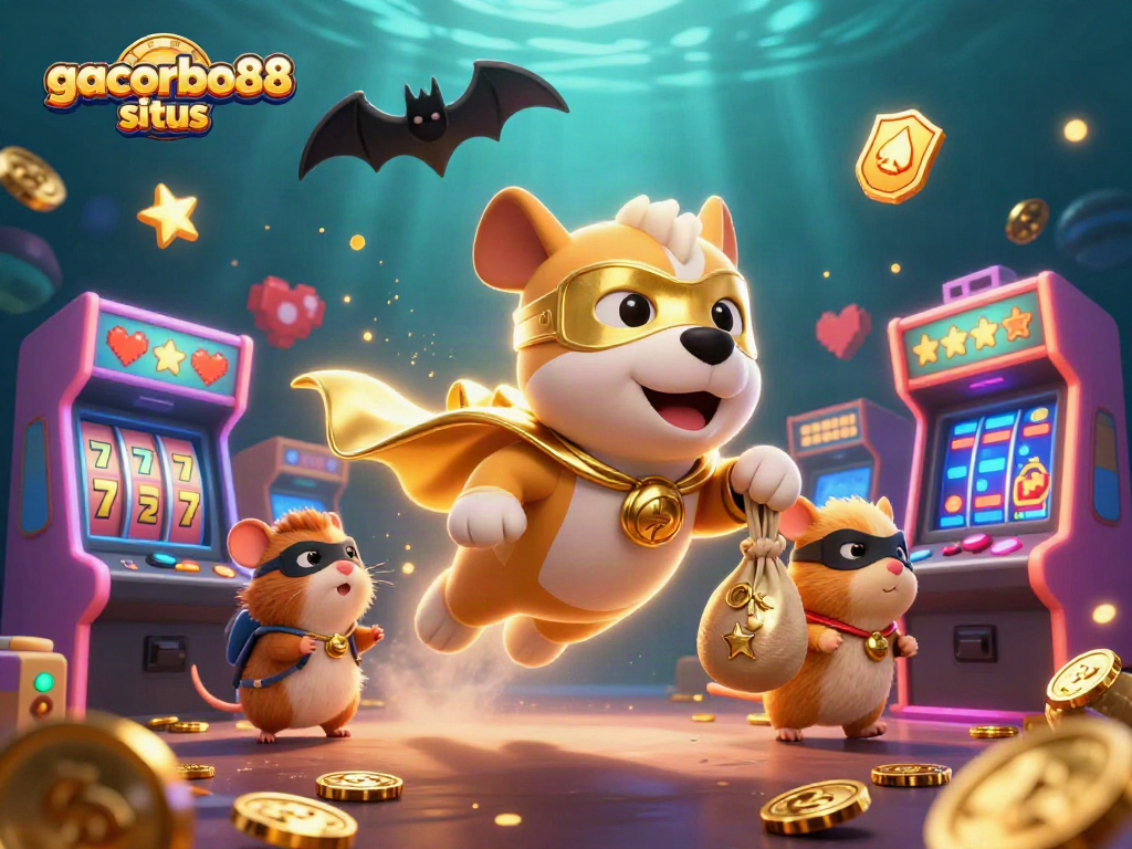 Experience the excitement of gacorbos88 situs with our dynamic casino-themed 3D illustration featuring epic characters and game elements.
