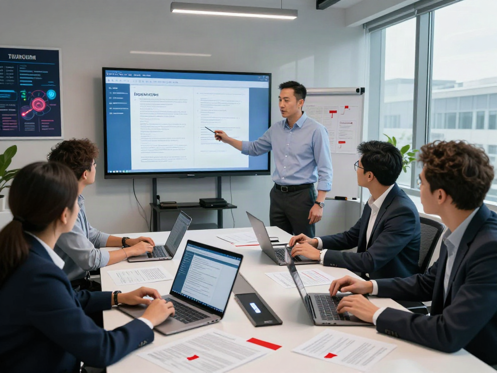 Team collaborating on a document fraud detection solution in a modern office, showcasing advanced technology and analysis.