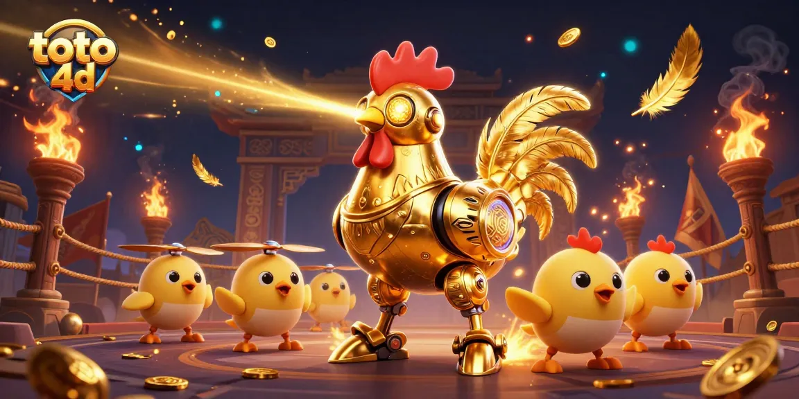 Toto 4D golden rooster robot with golden patterns lasers creates excitement like a jackpot win.