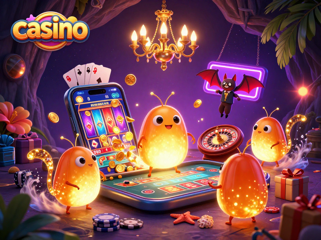 Casino illustration featuring glowworms and a bat dealer lighting up a vibrant cave scene.