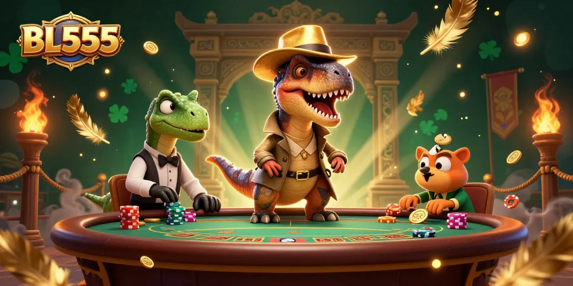Experience exciting gaming at BL555 with a velociraptor card counter at a blackjack table, full of vibrant casino elements.
