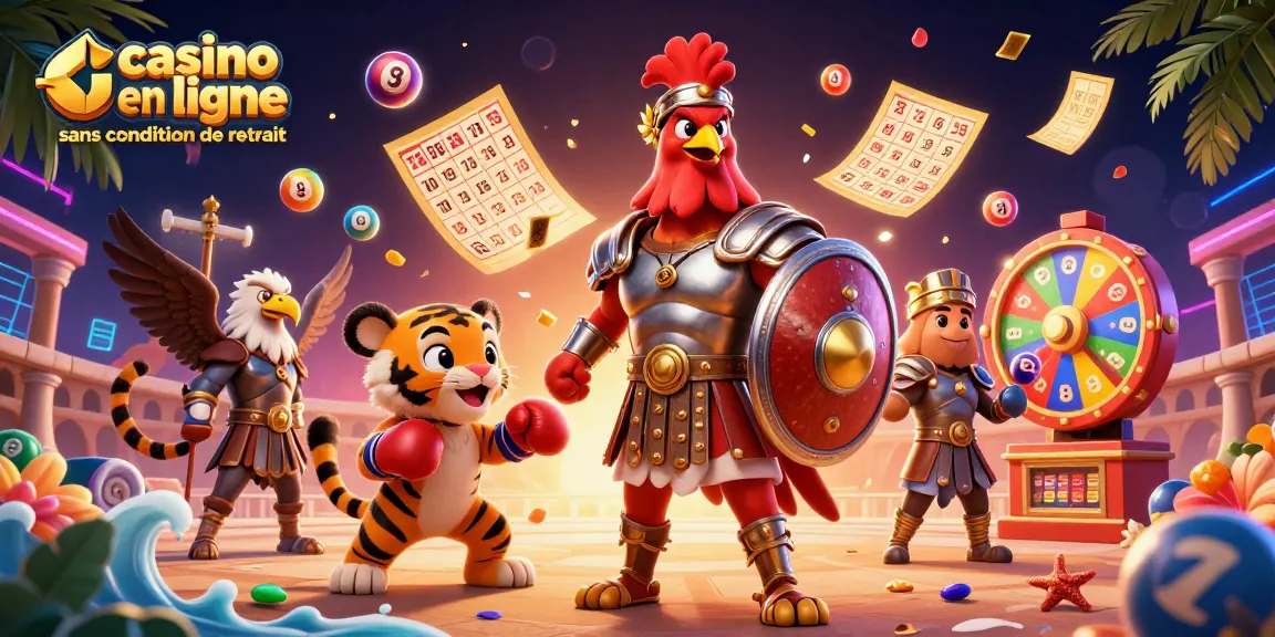 Illustration dynamique avec un coq gladiateur évoquant un casino en ligne sans condition de retrait, entouré de boules de loterie colorées.