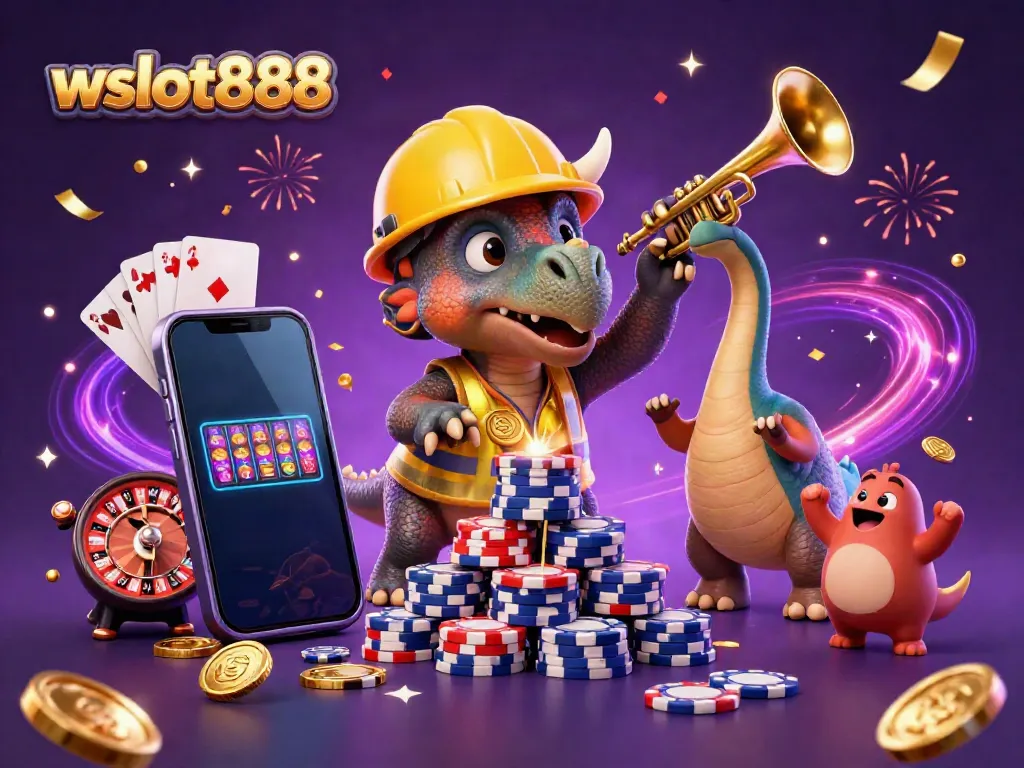 Permainan mengasyikkan di wslot888 dengan karakter dinosaurus merayakan dan elemen slot yang berwarna-warni.