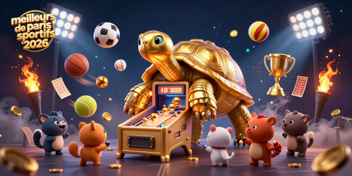 Célébrez les meilleurs sites de paris sportifs 2026 avec un événement dynamique illustrant une tortue dorée et des éléments sportifs