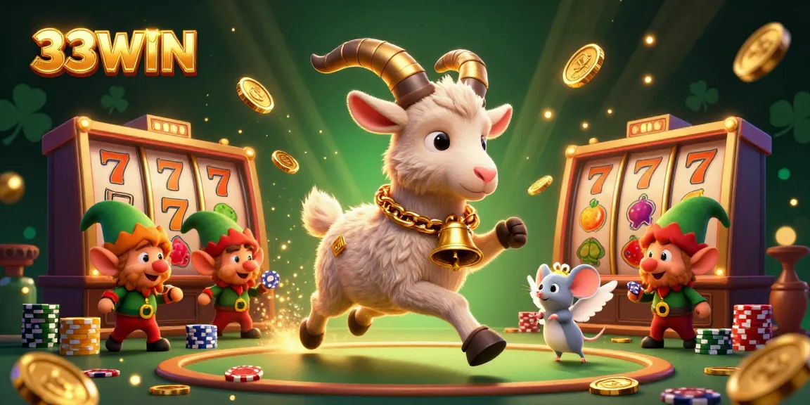 Engage with 33WIN's festive casino scene featuring mischievous characters amidst vibrant slot machines and golden winnings.