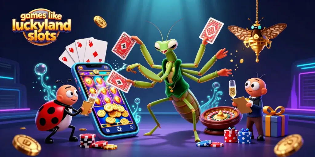 Engage with thrilling games like LuckyLand Slots featuring exciting characters, vibrant slot games, and dynamic casino elements.