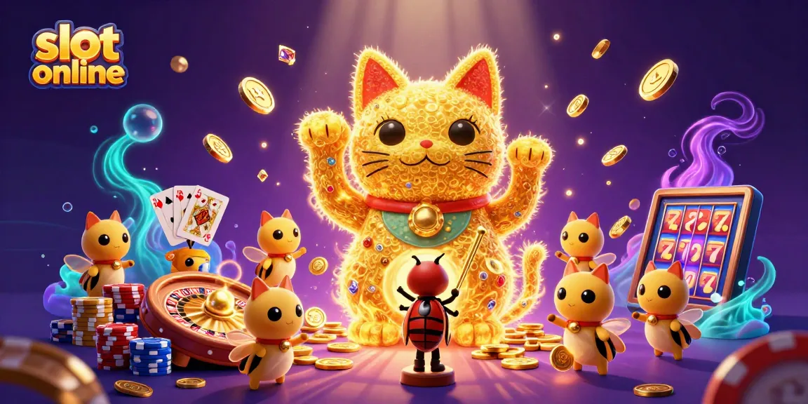 Spin the reels of slot online games surrounded by vibrant casino elements and a lucky cat.
