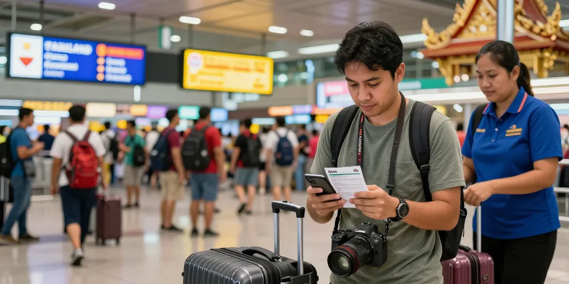 Travelers at Bangkok airport preparing their Thailand digital arrival card for smooth immigration.