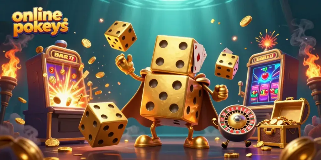 Engage in exciting online pokies action with vibrant 3D illustrations of classic casino elements.
