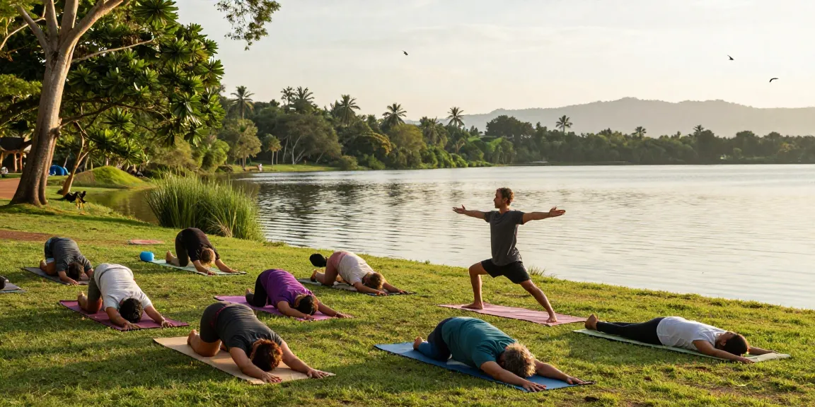Yoga teacher sri lanka leading an outdoor class at sunset for a small group, highlighting tranquil lake views.