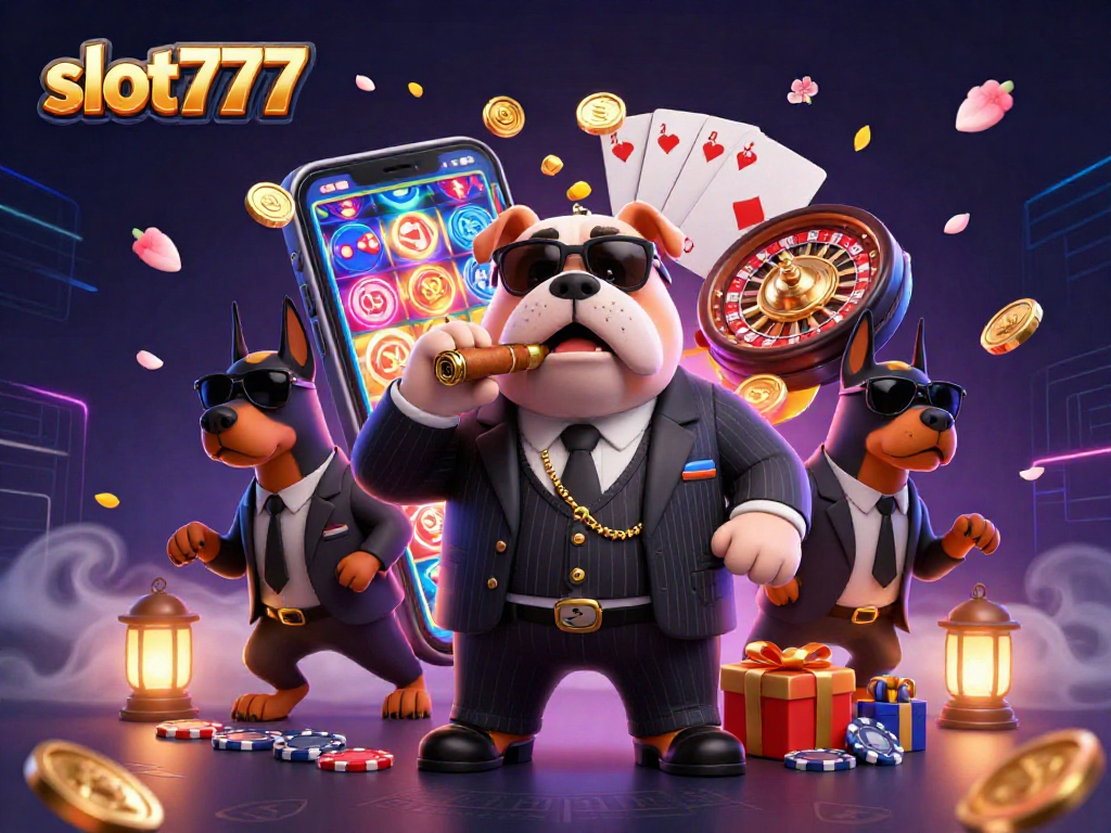 Spin winning reels on slot777 with a mafia bulldog and bodyguards, vibrant casino scene.