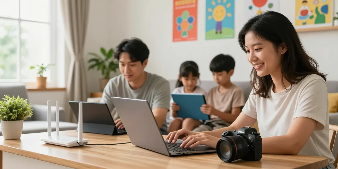 Familia usando etb internet hogar Medellín en una oficina en casa llena de luz.