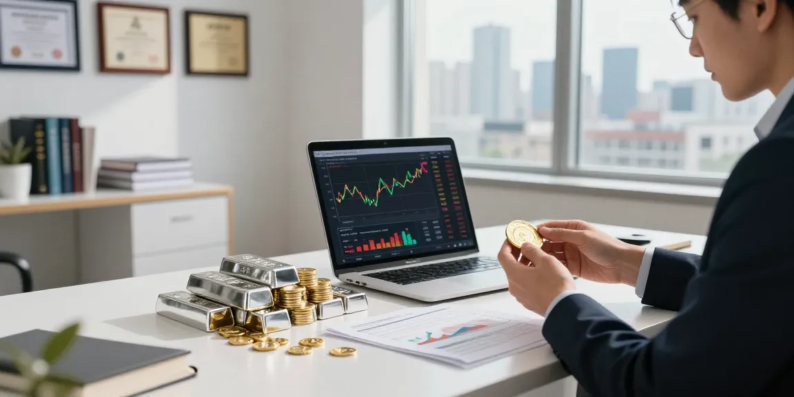 Investor engaging in gold investing analysis at a modern office with precious metals displayed.