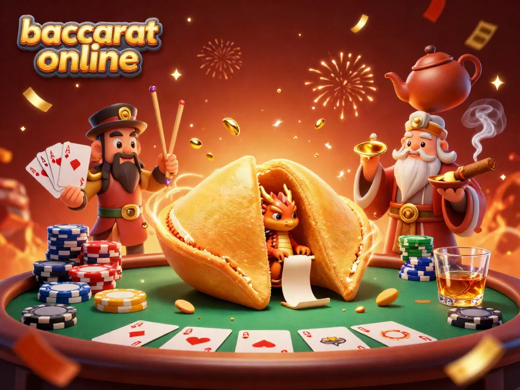 Play baccarat online with excitement in this vibrant 3D scene featuring a golden cookie, a dragon, and casino elements.
