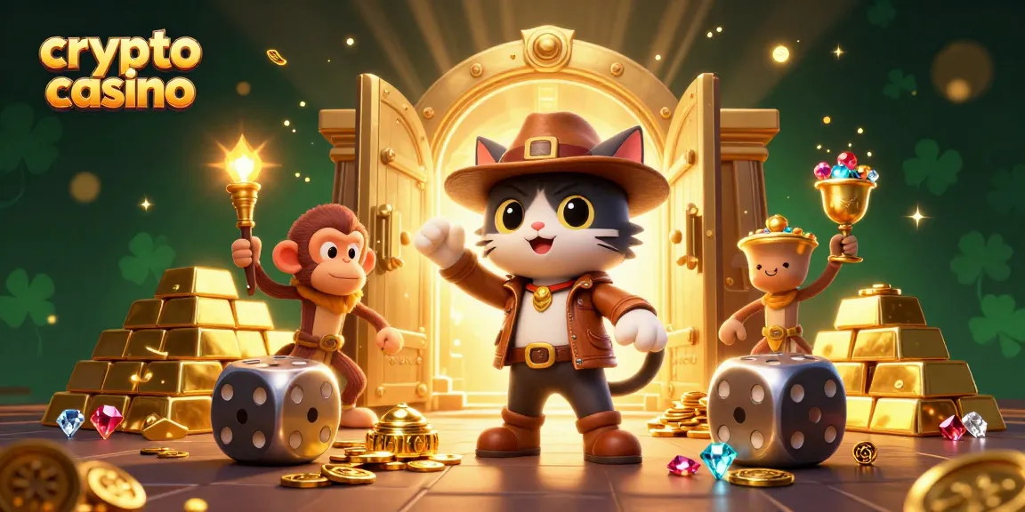Accédez à une expérience immersive de crypto casino avec un chat explorateur et un singe, découvrant des trésors.