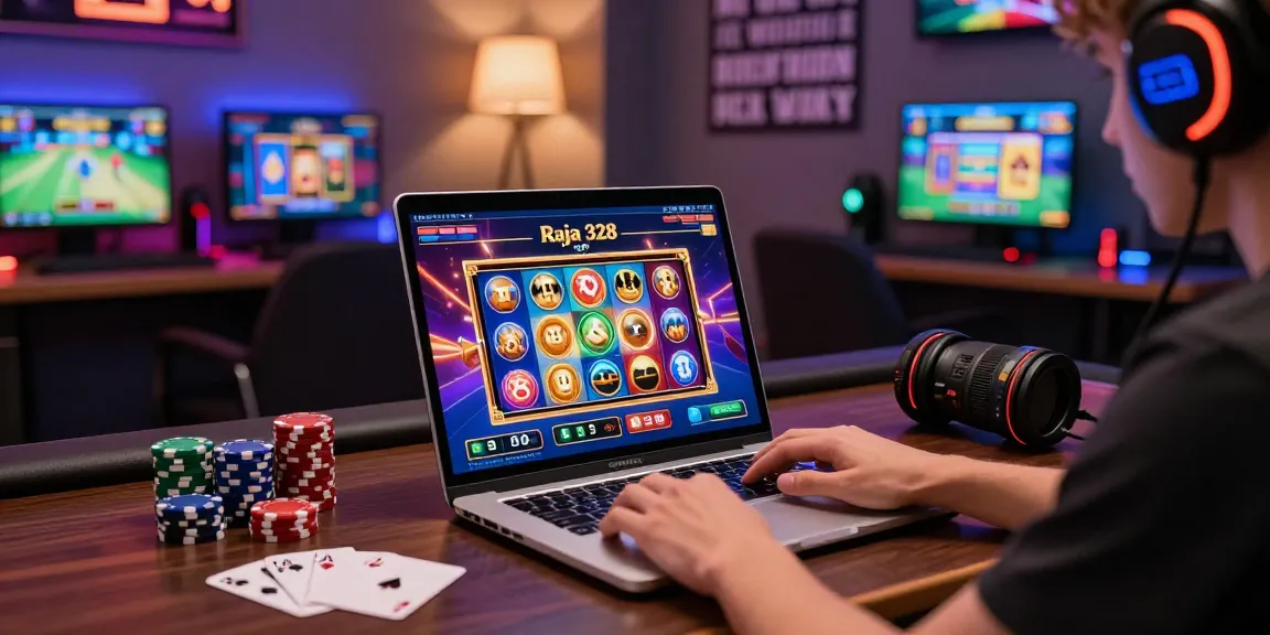 Engaging online gaming session on Raja 328 platform with colorful slots, poker chips, and a cozy setup.