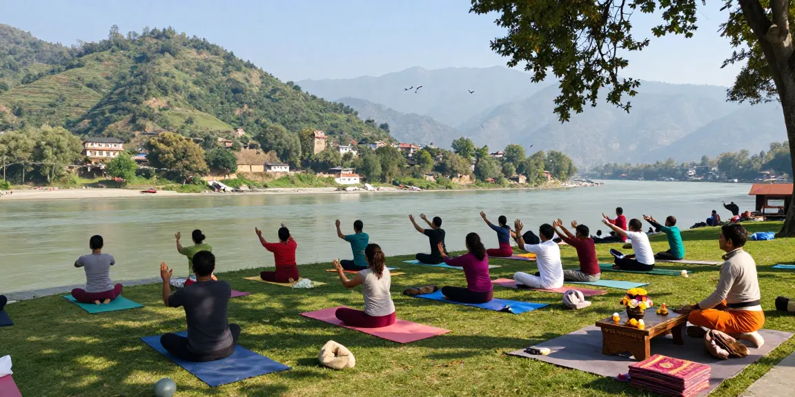 Yoga teacher training in Rishikesh India, yoga practice by the Ganges with instructors and students in serene natural setting.