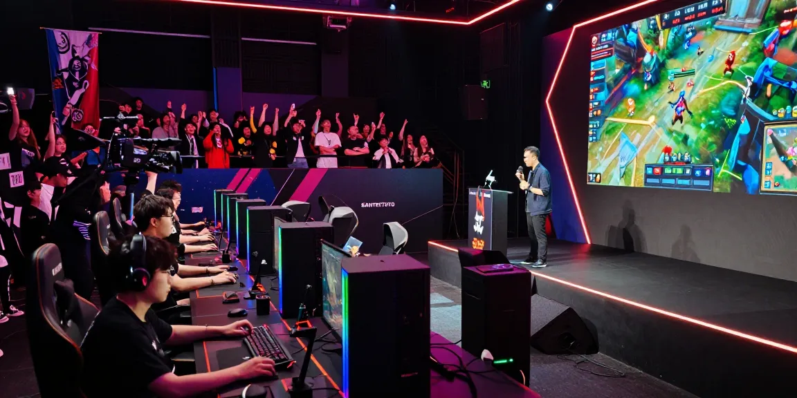 Gamers competing in a lively SANTETTOTO esports event with vibrant stage lights.