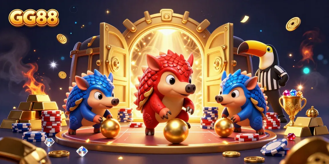 GG88 pangolins bowling through poker chips with treasures and golds in a vibrant casino scene