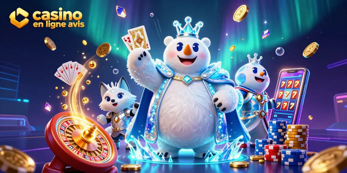 Illustration de casino en ligne avis avec un ours polaire royal et un renard, entourés de pièces dorées et d'effets lumineux.